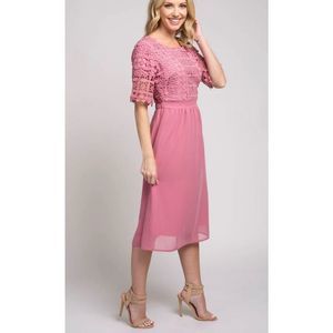 Roolee dresses NWOT | Polagram pink crochet top midi dress short sleeve lined si